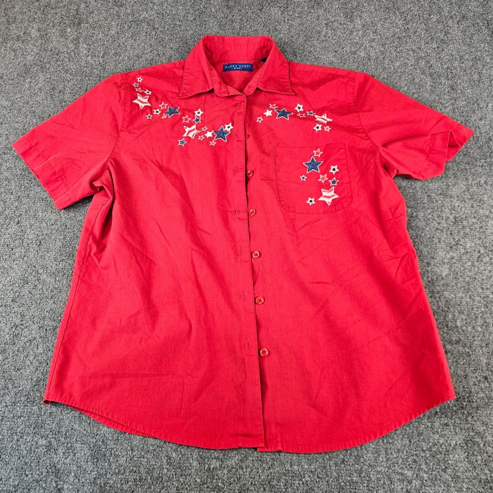Karen Scott Sport Womens Red Star Embroidered Button Down Shirt Small Patriotic